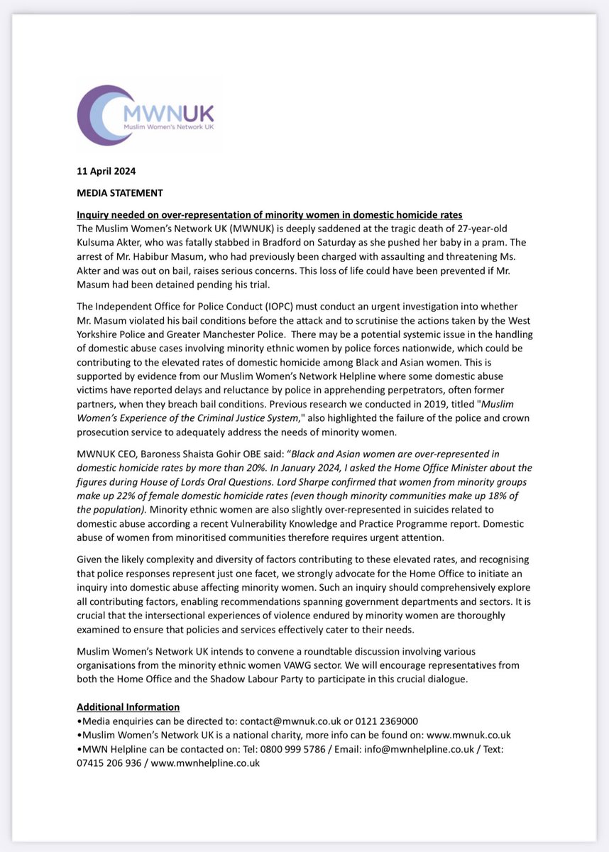 Could the death of Kulsuma Akter have been prevented? An urgent inquiry is needed about the elevated domestic homicide rates of Black, Asian and minority ethnic women. They make up 22% but minority communities are 18% of population. Our press release: mwnuk.co.uk/mediaStatmentD……