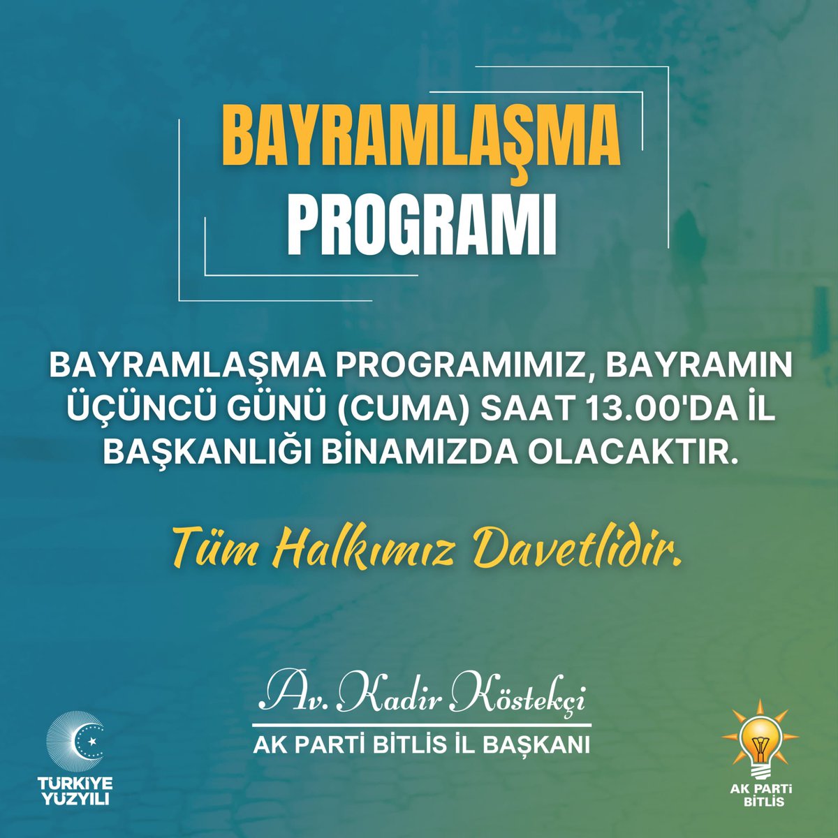 Değerli hemşehrilerimiz, kıymetli teşkilât mensuplarımız; Geleneksel Bayramlaşma Programımızı bayramın 3. günü gerçekleştireceğiz. Tüm hemşehrilerimiz davetlidir. 📆 12 Nisan 2024 | Cuma (Bayramın 3. günü) 🕐 13.00 📍 AK Parti BİTLİS İl Başkanlığı