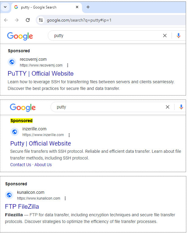 Malwarebytes' Jérôme Segura describes an ongoing Nitrogen campaign delivered via malicious Google ads for PuTTY & FileZilla. Nitrogen is usually used to gain initial access to private networks, followed by data theft & ransomware deployment. malwarebytes.com/blog/threat-in…