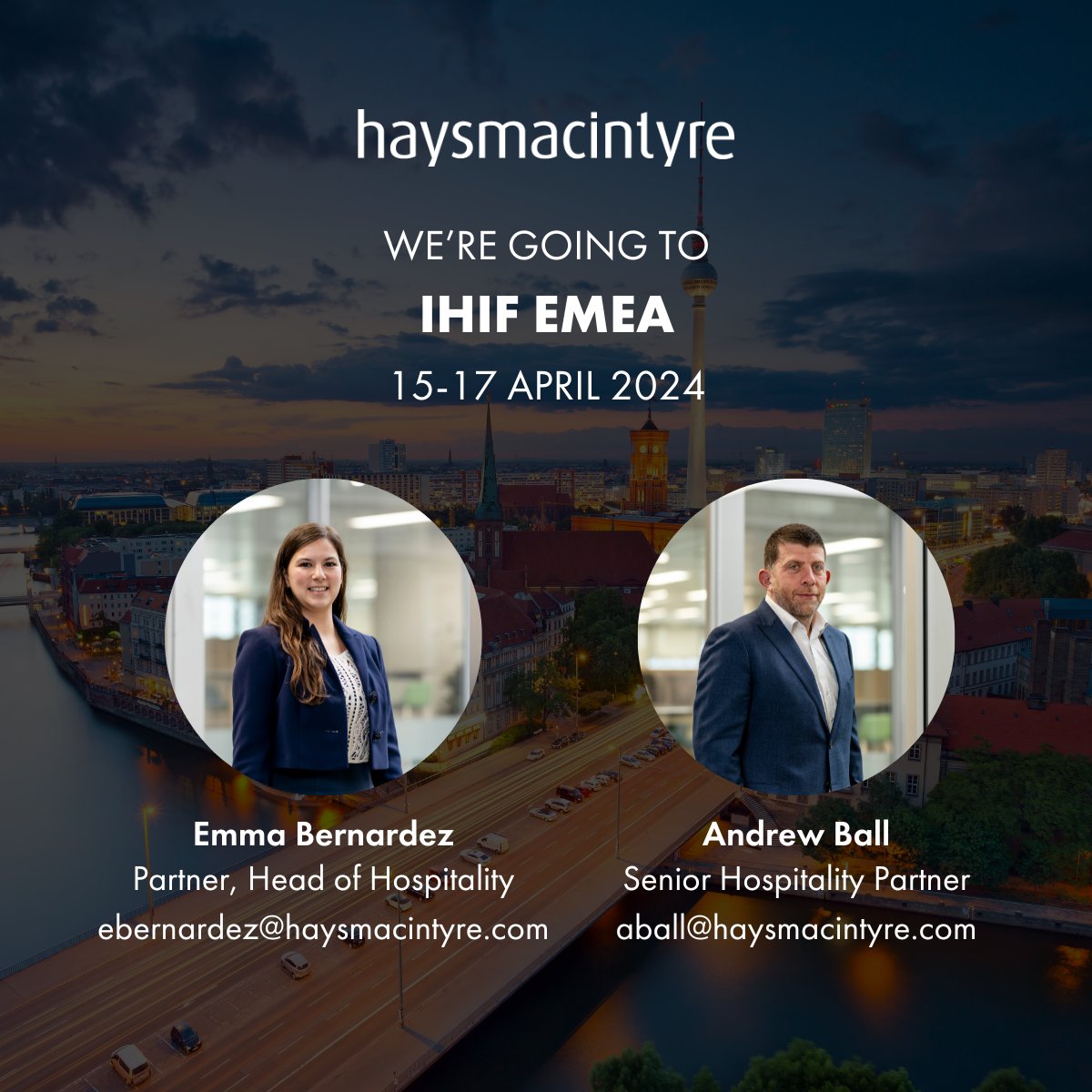 HaysMac_LLP's tweet photo. Emma Bernardez, Head of Hospitality, and Andrew Ball, Senior Hospitality Partner, are excited to be attending this year’s #IHIF in Berlin next week! Get in touch here to arrange meeting: https://t.co/h099LZKjKO #Hospitality https://t.co/RtVQ2XotcN