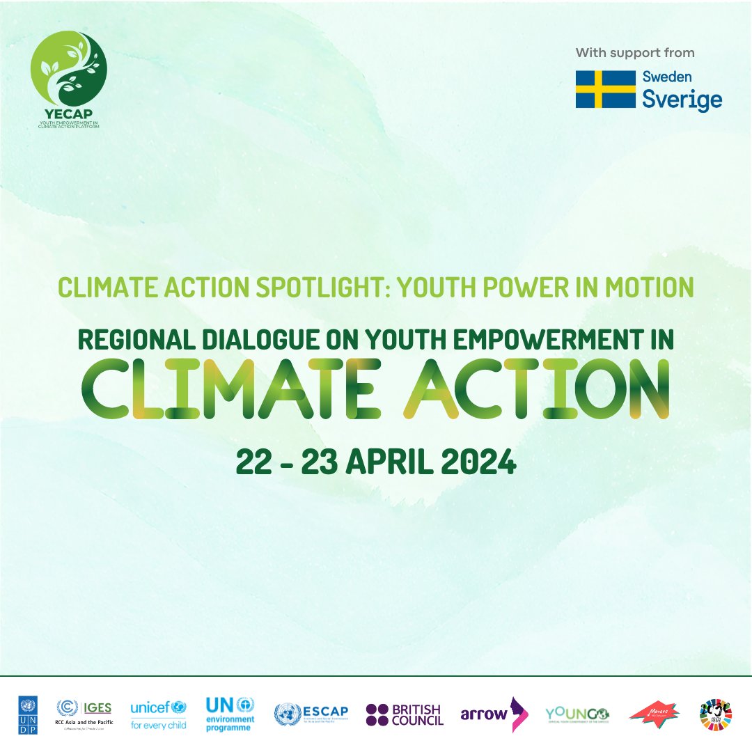 📣Open to all young people in Asia & the Pacific! ✅Initiatives for driving impactful change ⏰22 April, 11:00-15:30 (GMT+7) 👉Zoom: tinyurl.com/yecaprd24 ✅Youth-Led Digital Innovations for #ClimateAction ⏰23 April, 17:30-18:30 (GMT+7) 👉Zoom: bit.ly/youthledinnova…