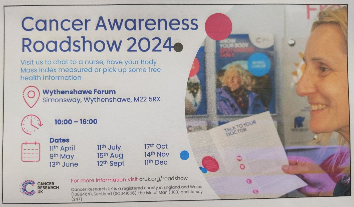 We will be in Wythenshawe once a month where you can pick up info on healthy changes to reduce your cancer risk, learn about screening, chat to one of our nurses or get a free BMI test 💕 @GM_Cancer @ForumCentre