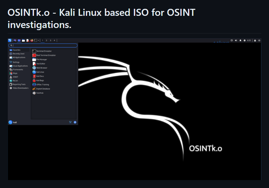 OSINTk.o OSINTk.o is a customized Kali Linux-based ISO image with pre-installed packages and scripts. The idea behind this project is to combine a portion of Kali Linux tools and some #OSINT scripts that are freely available on GitHub. github.com/LinaYorda/OSIN… #cybersecurity