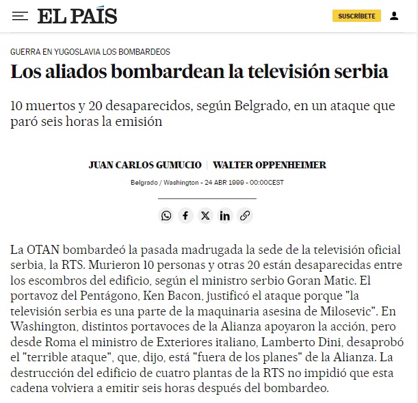 La bendita hemeroteca lo recuerda todo, en particular, los 'democráticos' bombardeos de la #OTAN contra la televisión serbia, que horrorizaron hasta a algunos miembros de la llamada 'alianza defensiva'.