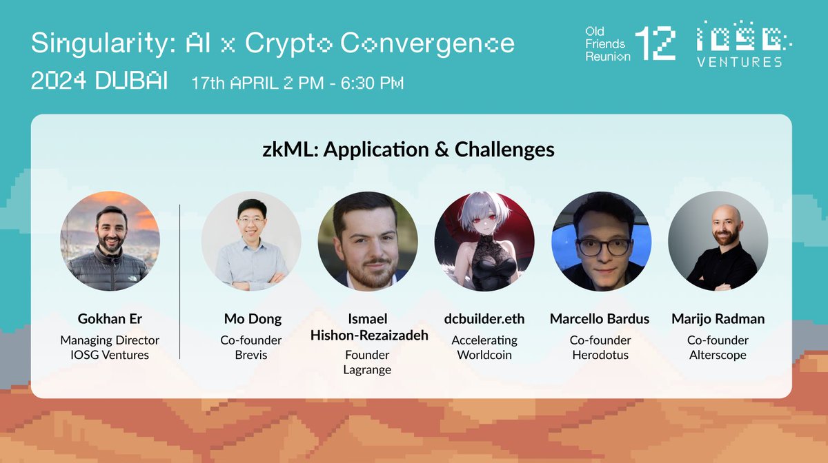 @ethan_jackson @chainml_ 7⃣ Panel: ZKML: Application & Challenges Panelists: @no89thkey, Co-founder of @brevis_zk ; @Ismael_H_R, Founder of @lagrangedev ; @DCbuild3r, Accelerating of @worldcoin; @Marijo_Radman, Co-founder of @Alterscope; Marcello Bardus, Co-founder of @HerodotusDev; MC: @ergokhaner,…
