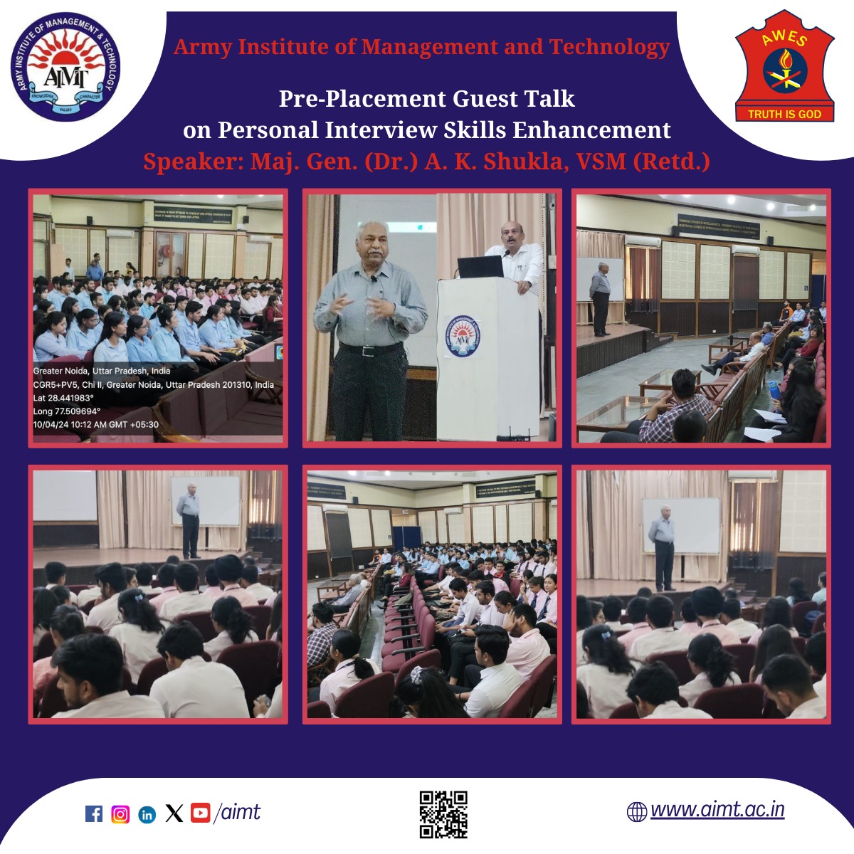 Unlocking Success 💯: Empowering Tomorrow's Leaders through a Pre-Placement Skills Talk, delivered by Maj. Gen. (Dr.) A. K. Shukla, VSM (Retd.) #SkillsEnhancement #InterviewSuccess #CorporateReady #PlacementSucess #MBA #BBA #AIMT #LifeAtAIMT #BSchool #GuestTalk #DelhiNCR #Army