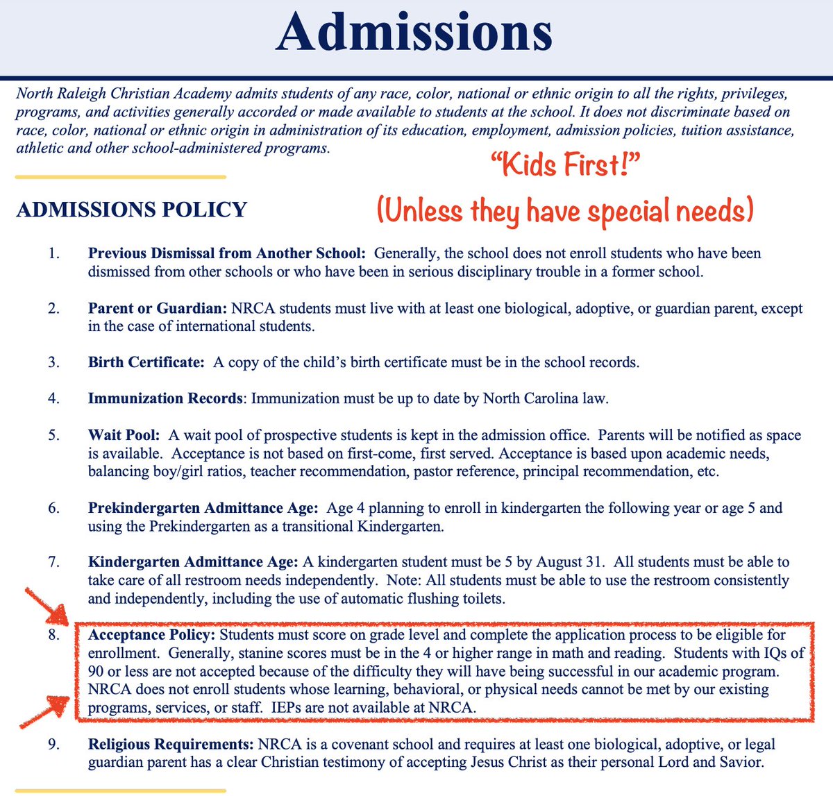 Good to know @NCHouseSpeaker doesn't want anyone left out of private school vouchers, but someone needs to tell him that many private schools deny admissions to students with special needs. Public funds shouldn't subsidize discrimination against children. #nced #ncpol #ncga