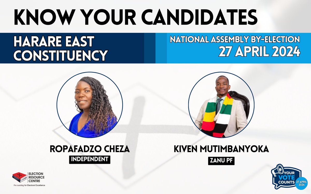 Harare East By-Election 27 April 2024 Kiven Mutimbanyoka (ZANU PF) & Ropafadzo Cheza (Independent) are contesting in the Harare East constituency by-election Go Out and Vote!