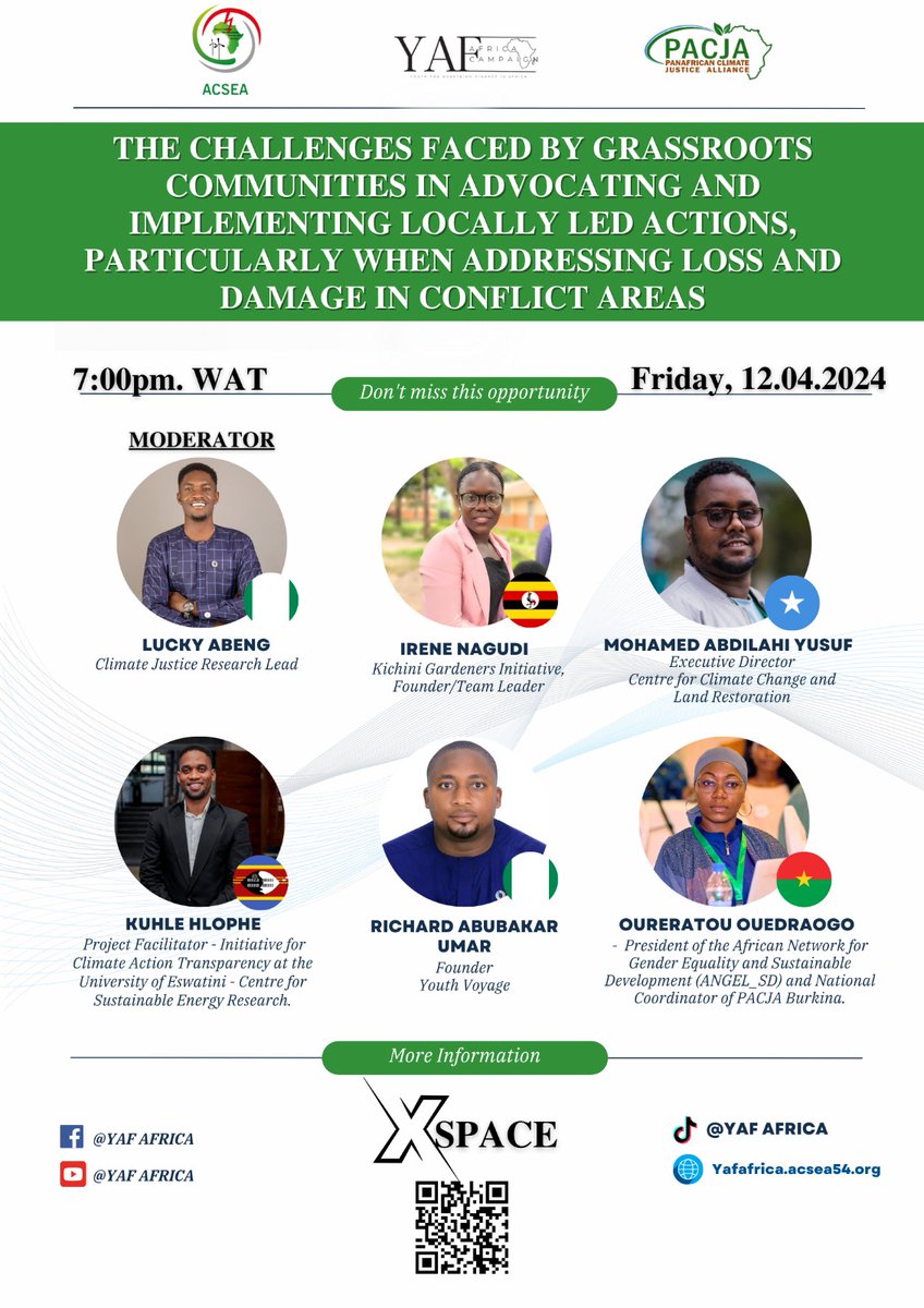 ⏰️ Join us for a crucial XSpace on April 12th at 7:00 pm WAT! Together, we'll address challenges in promoting local actions, especially on losses and damages. Don't miss this meeting to shape a resilient future for our continent. 🔗 Join: twitter.com/i/spaces/1YpJk… #Yofofa2024
