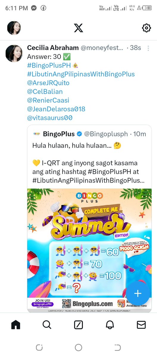 cecilabraham20's tweet photo. @Bingoplusph Done ✅ 
Answer: 30
#BingoPlusPH #LibutinAngPilipinasWithBingoPlus
@JeanDelarosa018 
@CelBalian 
@RenierCaasi 
@OclosSheryl 
@LeizelQuieta https://t.co/DVw5Qclu5w