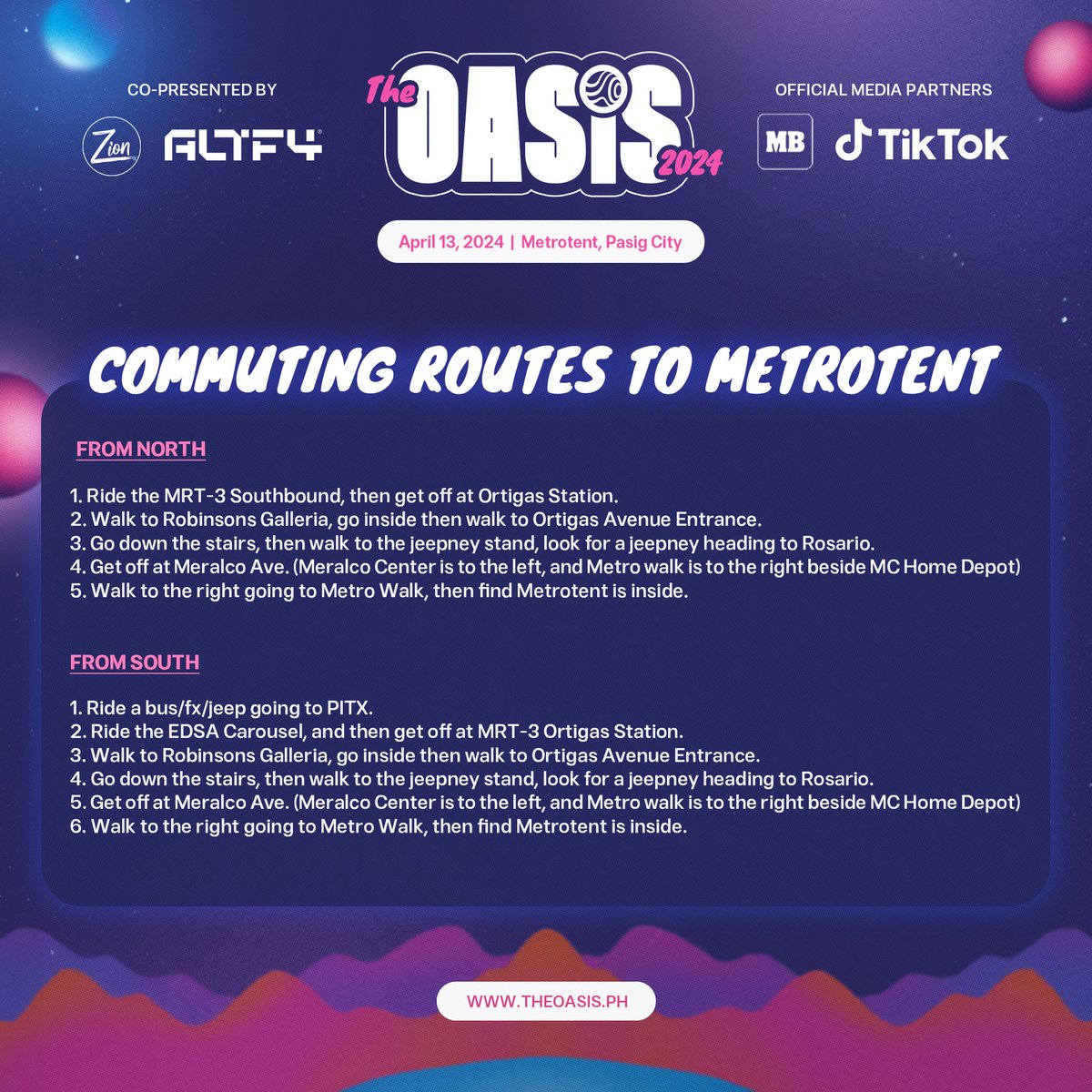 ALL ROADS LEAD TO THE OASIS

Here is a quick commute guide going to The OASIS. We are located at Metrotent in Pasig City.

#TheOASIS2024 #SinceDayOne