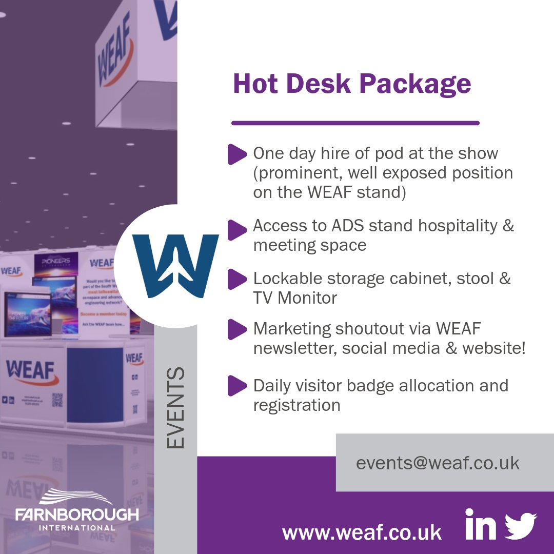 ✈ Are you planning to attend Farnborough International Air Shows this year?! Why not join us on the WEAF stand ⁉ Make the most of our exclusive hot desk package and hire a pod for a day 🙌 If you would like to book or find out more simple email events@weaf.co.uk #WEAF