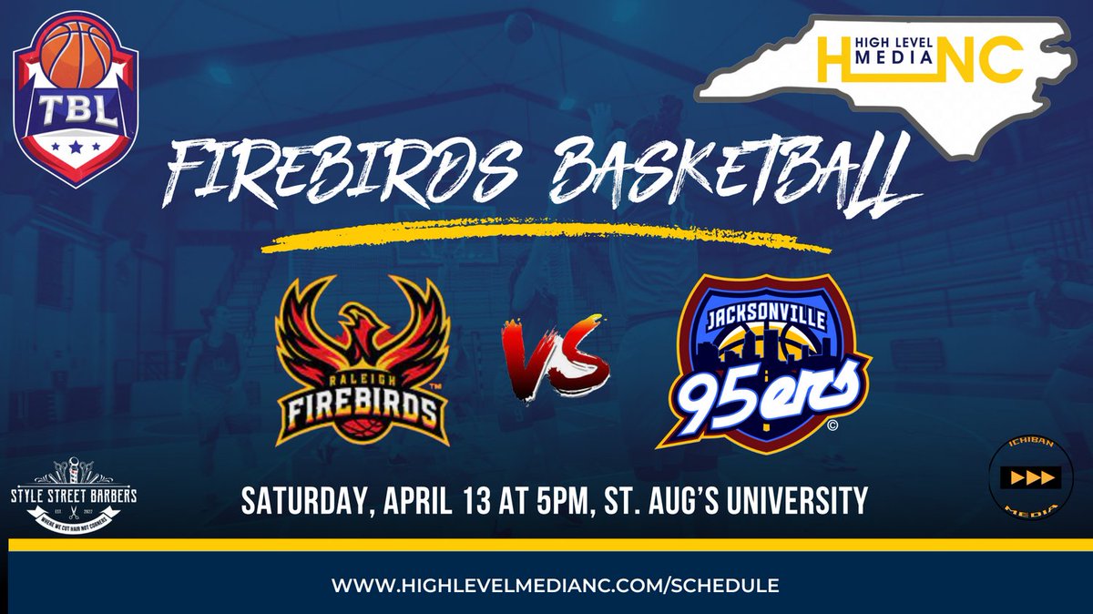 The Raleigh Firebirds host the Jacksonville 95ers Saturday.
Watch it here at 5pm.
highlevelmedianc.com/schedule
@Peteydorris @Craiggsports
@raleighfirebirds
<a href="/RaleighFirebir1/">Raleigh Firebirds</a>
@basketballsuperleague
<a href="/TBLproleague/">TBL</a>
@tbasketballleague
<a href="/jax95ers/">Jacksonville 95ers</a>