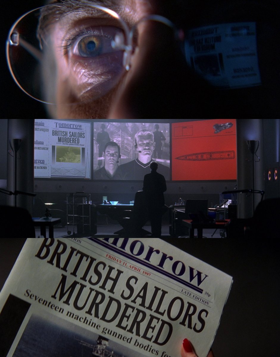 Apr 11th 1997 - The late edition of the Tomorrow Newspaper reported on the sinking of HMS Devonshire, and murder of it's crew after it strayed into Chinese waters. 📽️📅 Tomorrow Never Dies (1997)