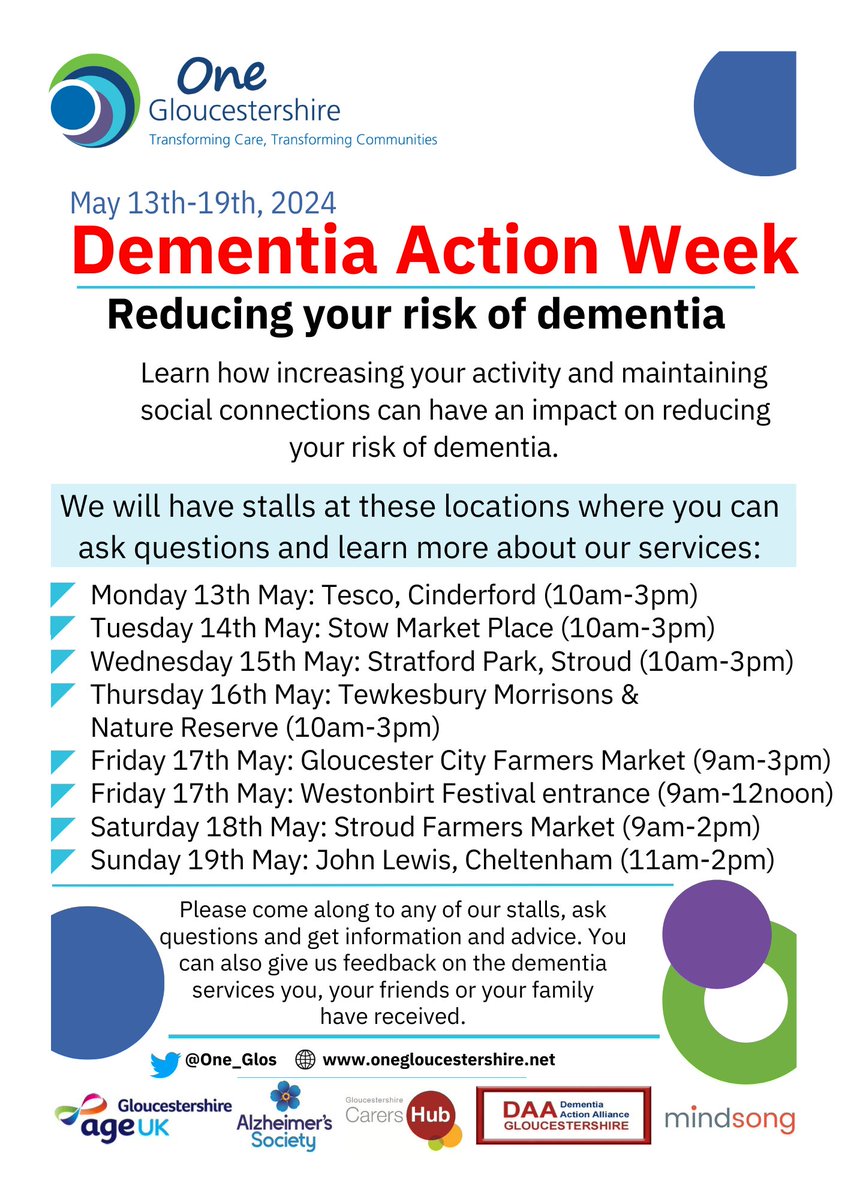 Did you know you can reduce your risk of dementia? During #DementiaActionWeek, @One_Glos will have stalls across #Gloucestershire explaining how increasing your activity and maintaining social connections can help reduce your risk of dementia. See poster or ALT text for details!