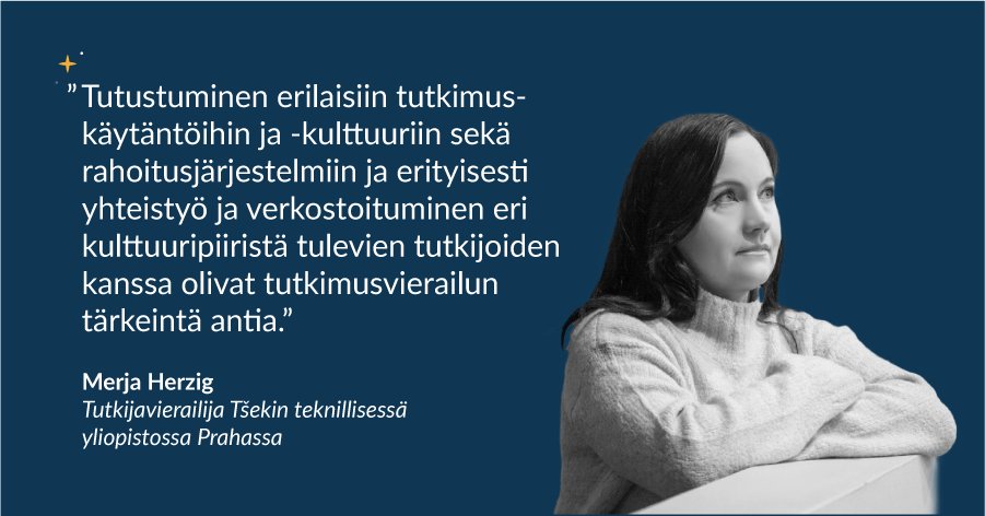 Mitä kansainväliseltä tutkimusvierailulta tarttuu matkaan?

“Kokemuksia kansainvälisestä yhteistyöstä ja verkostoja, joilla on pitkäaikainen vaikutus tulevaisuuden tutkimuksessa", sanoo Merja Herzig.

Tutkijat maailmalle -apurahahaku päätyy 12.4., hae nyt➡️tutkijatmaailmalle.fi/apurahat/