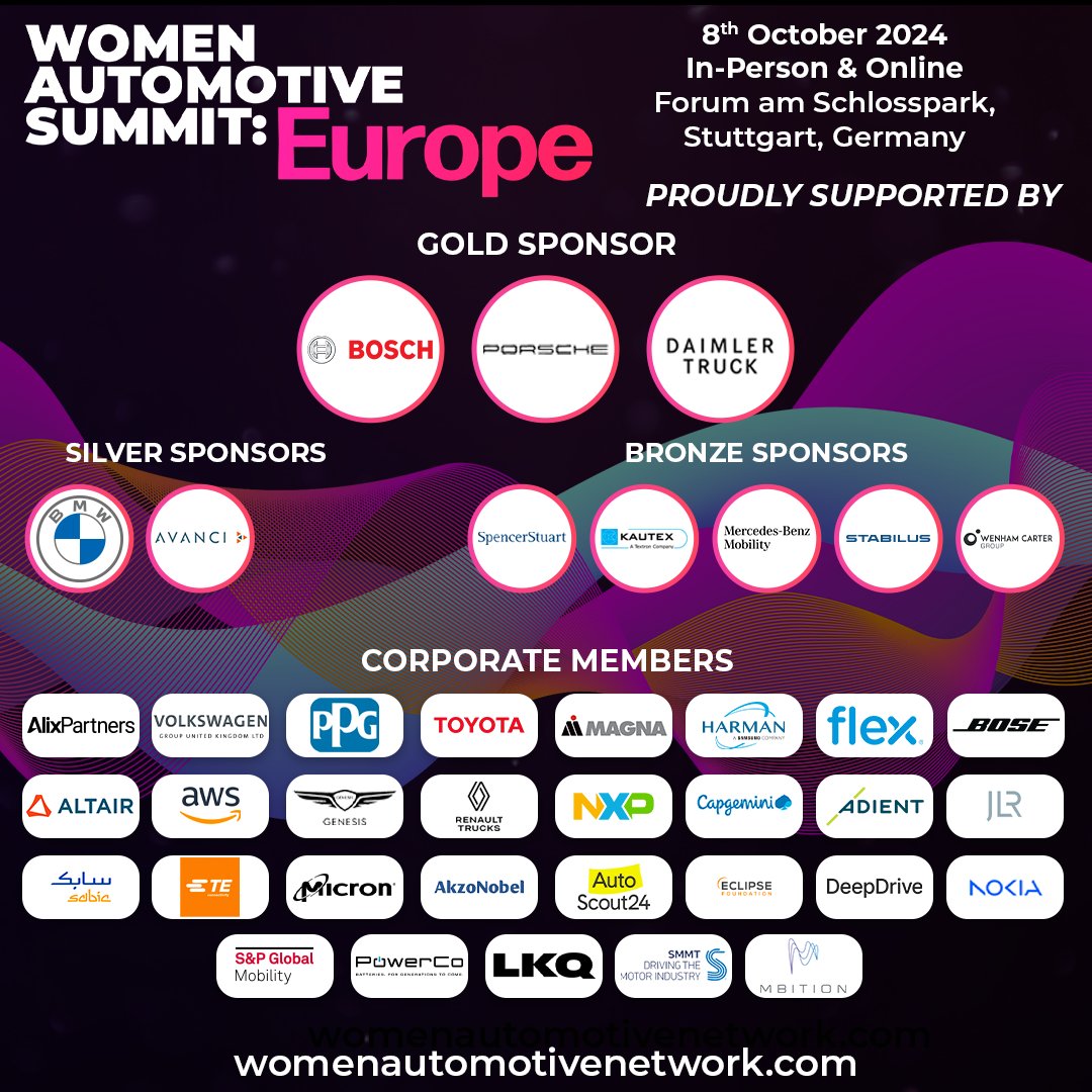 Let's extend a BIG thank you to all the sponsors who have joined us in supporting our 2024 Europe Summit! 🚗 Your partnership is a testament to the committed unity on driving change for women in the auto sector. #BetterTogether 🫶 Agenda and tickets: womenautomotivenetwork.com/pages/women-au…