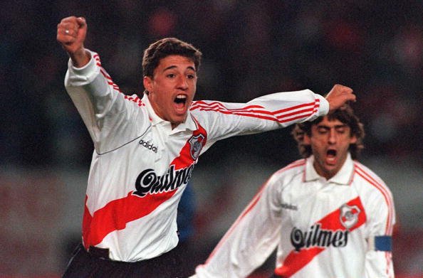 Hernan Crespo and Enzo Francescolli celebrate for River Plate, 1996.