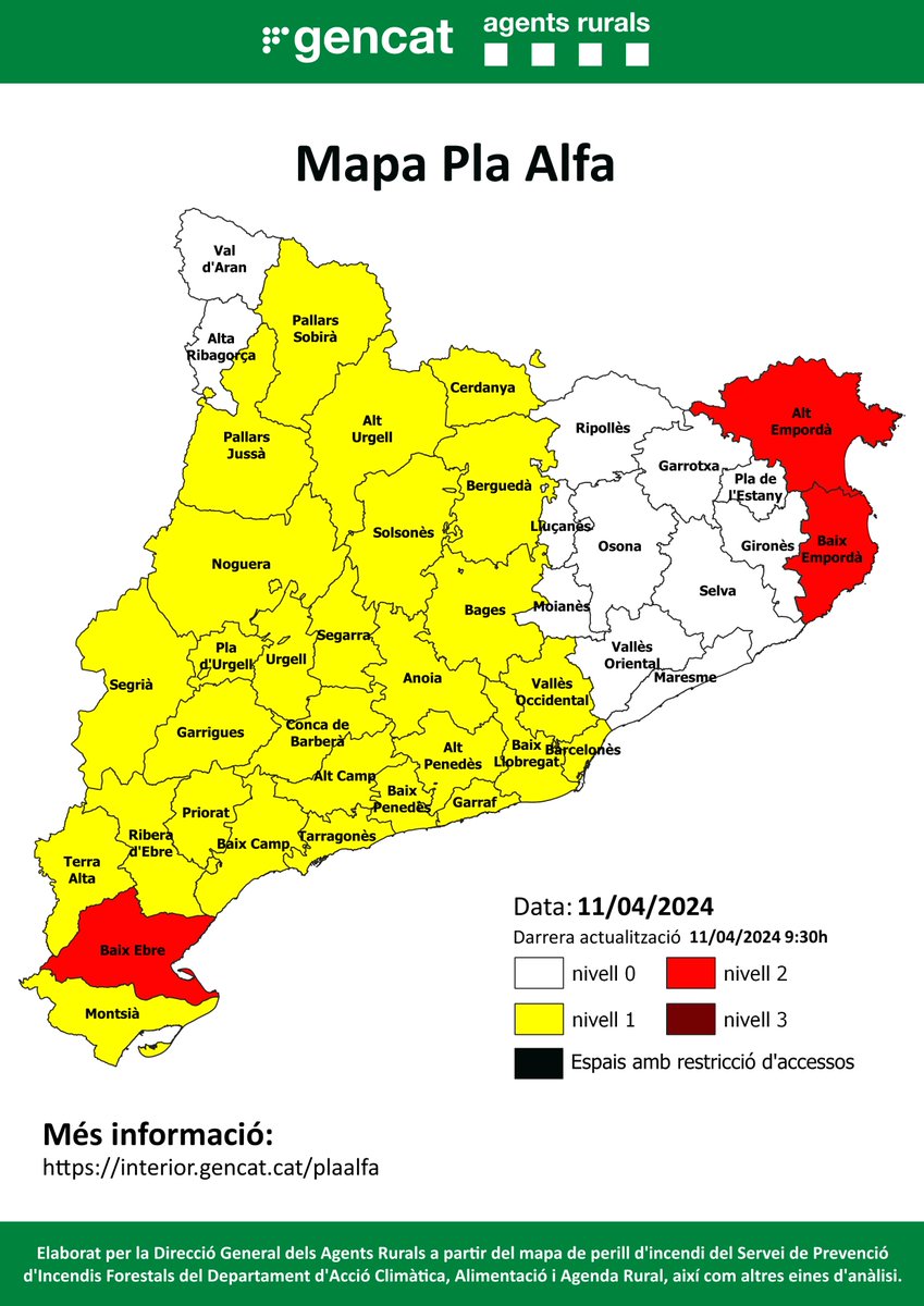 🔴Aquest és el mapa del #PlaAlfa per avui, dia 11/4/24 📍Consulta el mapa interactiu per conèixer quin nivell hi ha activat al teu municipi o a la teva comarca⤵️ 📲 interior.gencat.cat/plaalfa