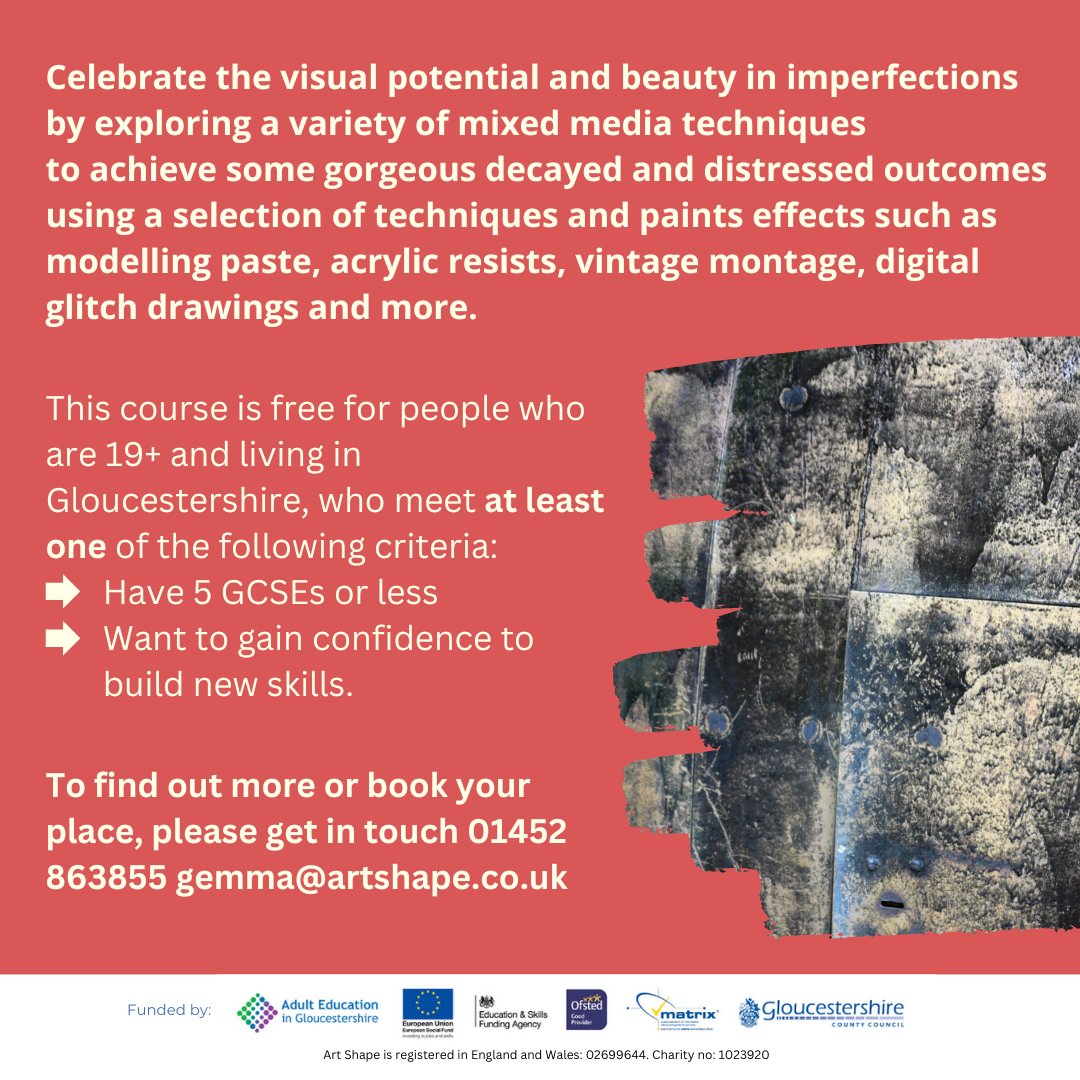 Celebrate the visual potential and beauty in imperfections by exploring a variety of mixed-media techniques Learn Online Tuesdays, 10am, to 11am Book your place: 01452 863855 or email nathan@artshape.co.uk #ArtShape #NewSkills #LearnOnline #Glos #Local #Grunge #GrungeArt