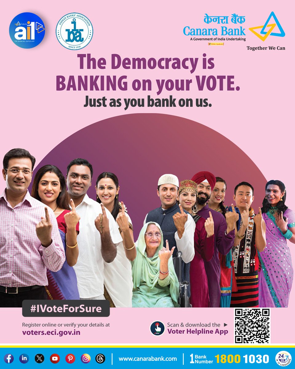 Your vote is crucial for our nation's well-being! Let's fulfil our duty as responsible citizens and make our voices count for India's progress. #CanaraBank #IVoteforsure #VoteForProgress #EveryVoteMatters