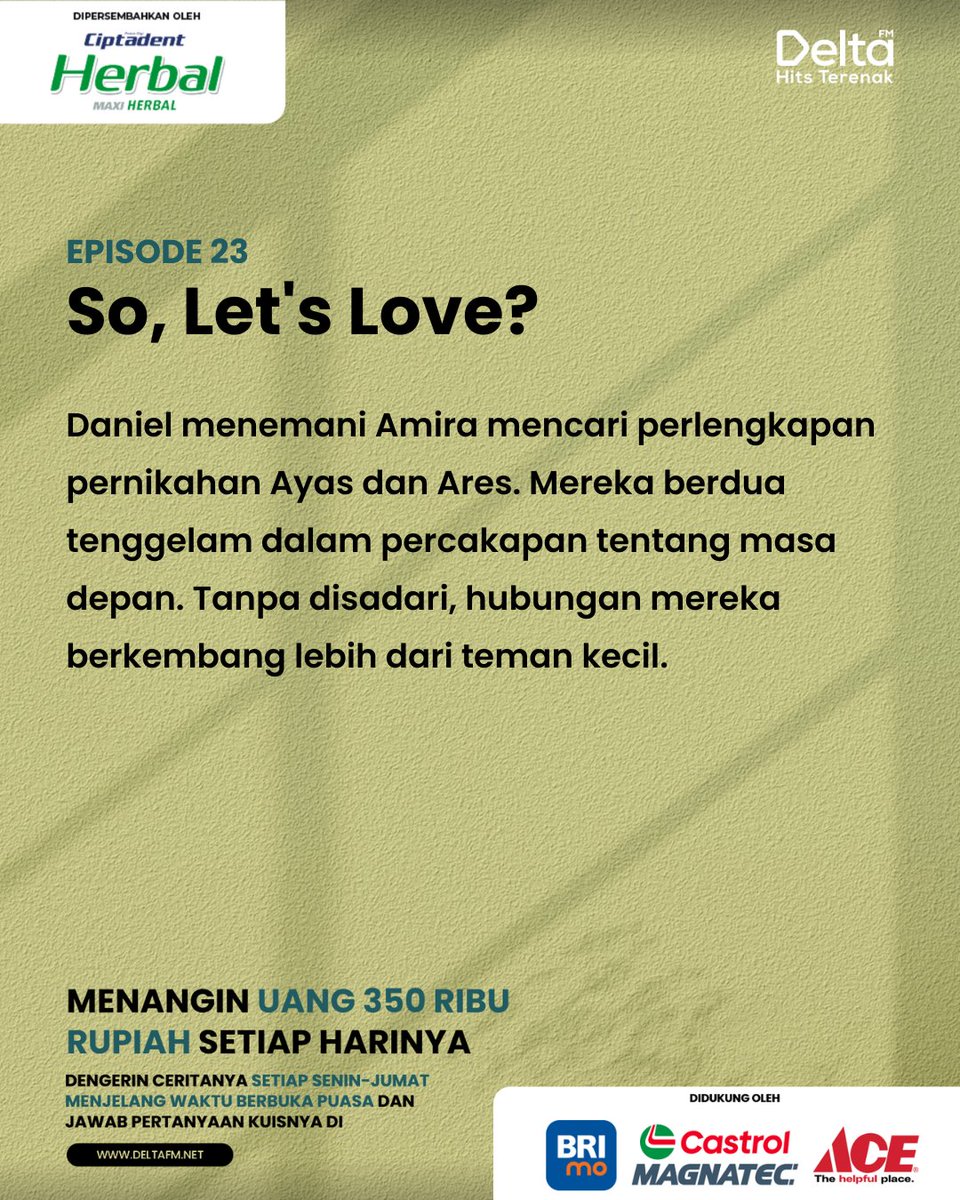 DeltaFMMakassar's tweet photo. Ayo ayooo yang mau 350rb rupiah, jawab pertanyaan episode ini yuk!

Apa material rak buku yang disukai Amira dan Daniel?
A. Material dari besi
B. Material dari kayu

Jawabnya di https://t.co/NVNOafxN09 yaa! Semoga kamu yang beruntung~ ✨

#TheStories4
#TheStories https://t.co/vrJw4olIcG