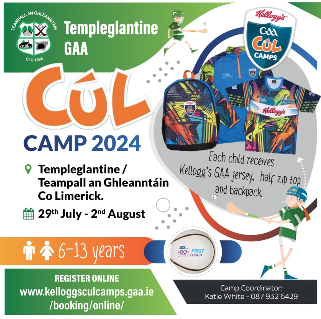 @GlantineGaa Cul Camp 2024 is now open for bookings, spaces are limited. Follow the link below & book early to avoid disappointment kelloggsculcamps.gaa.ie/booking/online/