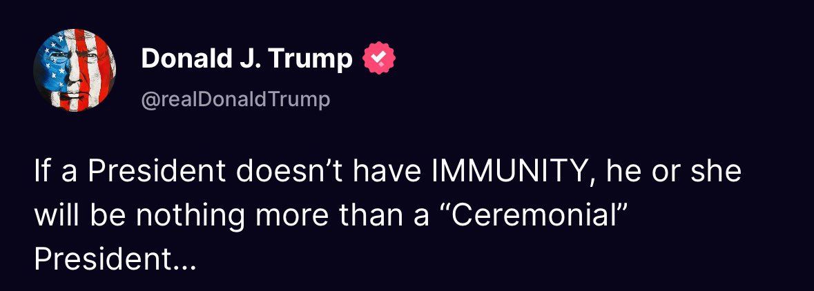 I’ve had 11 Presidents. 3 were also my Commander-in-Chief. Only 1 claims he needs immunity for the crimes he committed while in office. Lock this gelatinous anti-American POS up!