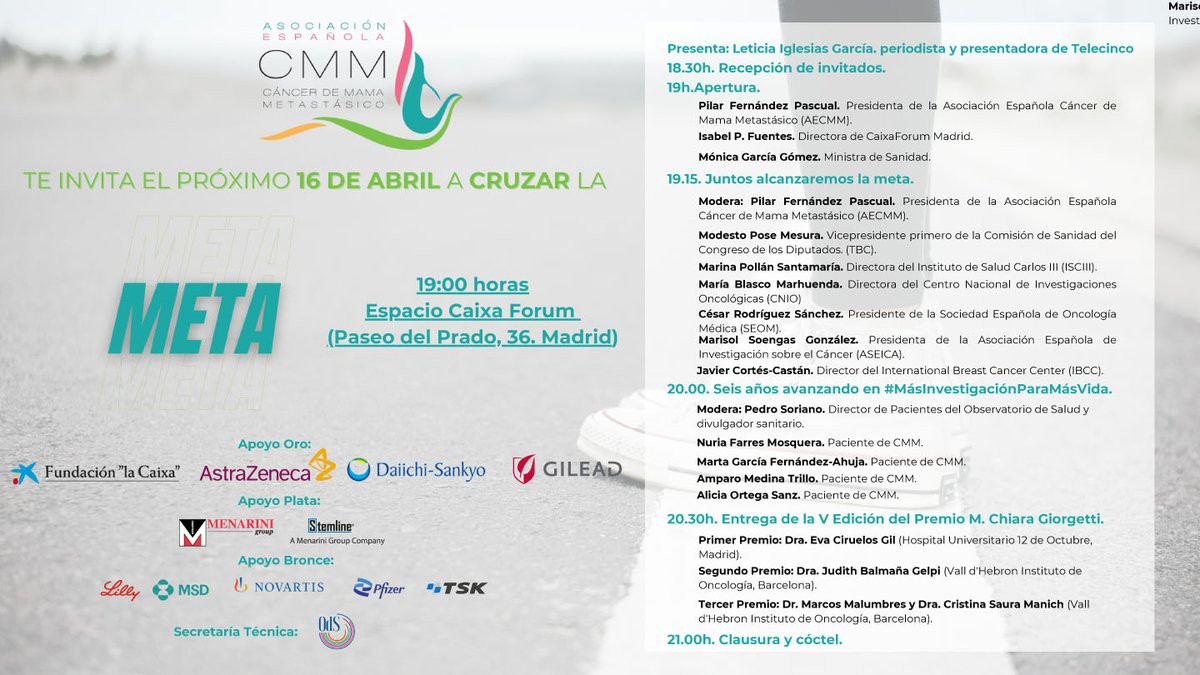 📢EVENTO | Crucemos la Meta 📌16 abril | 19h | @CaixaForum Madrid 🙌Celebramos los 6 años de la Asociación @cmmetastasico y entregamos el V #PremioChiara 📝 cancermamametastasico.es/inscripcion-ch… #CrucemosLaMeta #MásInvestigaciónParaMásVida®️ #CáncerMamaMetastásico