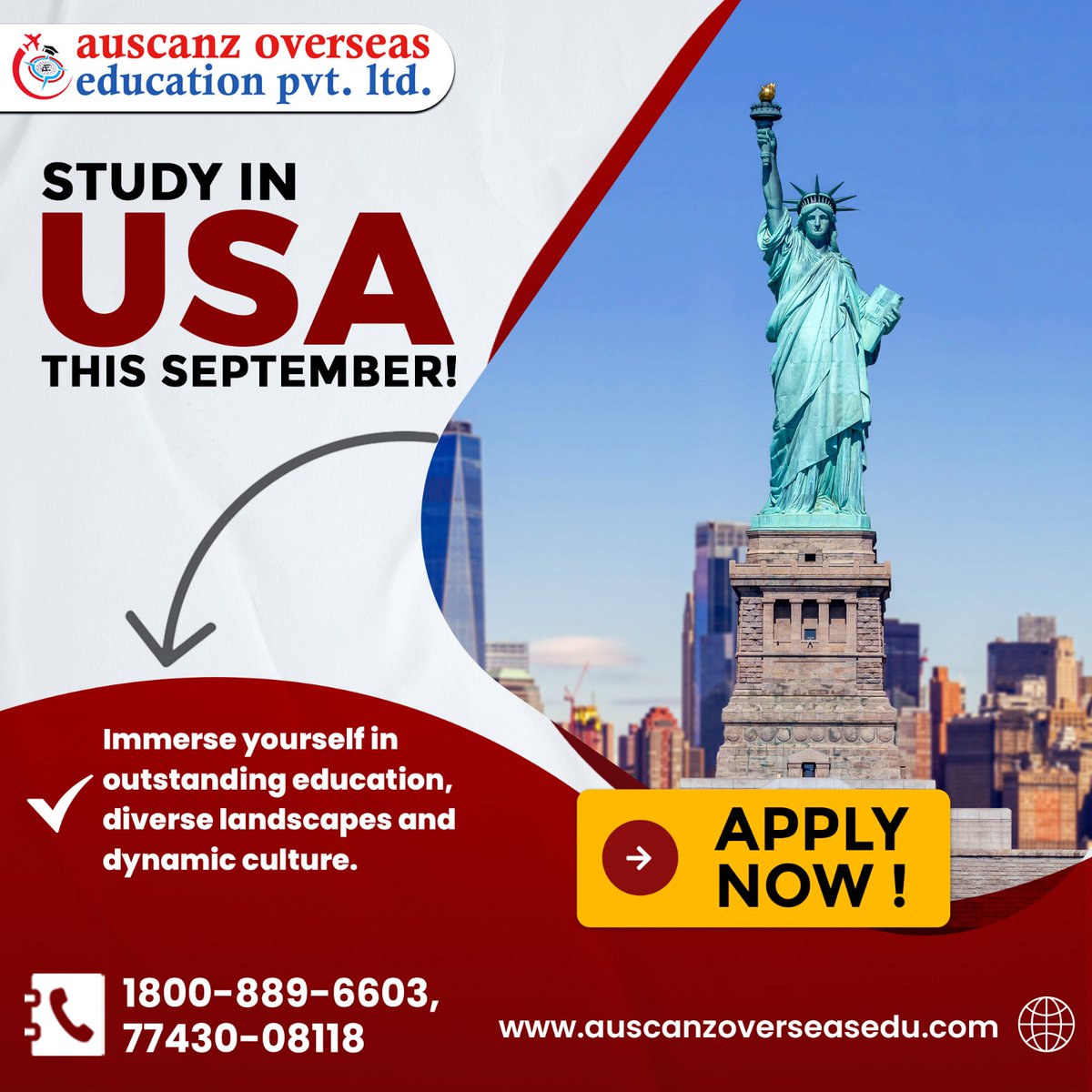 Unlock Your Future: Study in the USA This September! 🎓 Dive into premier education, explore diverse landscapes 🏞️, and embrace a dynamic culture 🌍. Apply Now and embark on your transformative journey! ✈️ 

#StudyInTheUSA #EducationAbroad #GlobalLearning