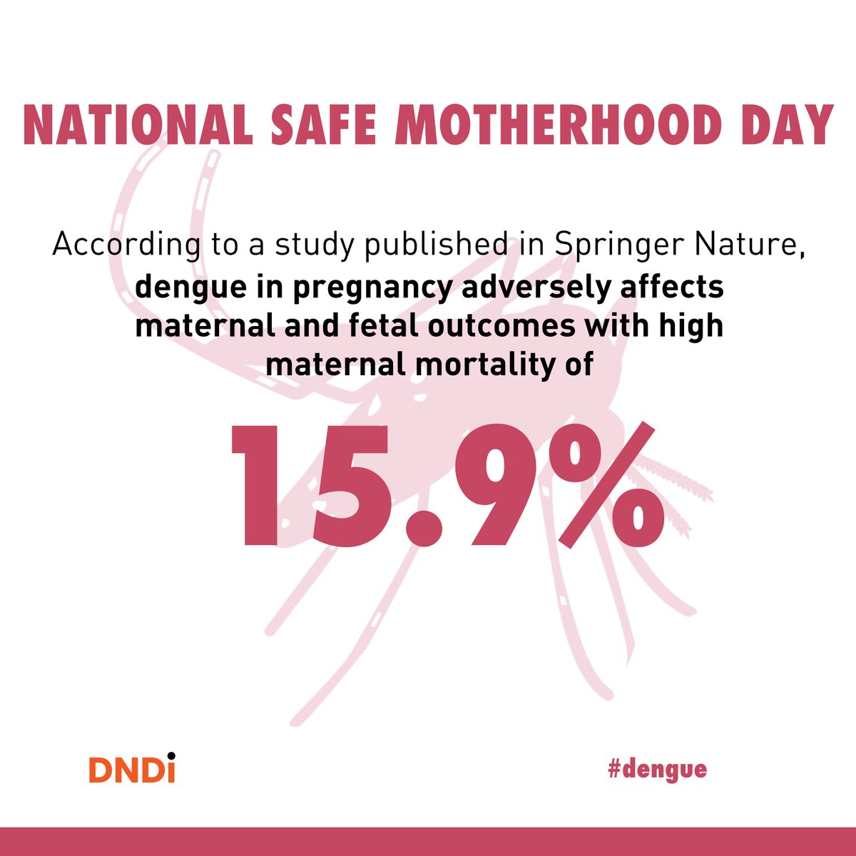 Pregnant women are at the highest risk of developing severe dengue. On #NationalSafeMotherhoodDay today, we wish for every expectant mother to enjoy a safe pregnancy. At @DNDi, collaborative efforts are underway to develop a safe treatment of dengue for all. #Dengue #BeatNTDs