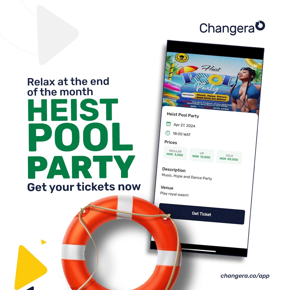 Enjoying April so far? Us too! 

Come to the Heist Pool Party in Owerri on April 27th to vibe check ✅  April! 🎉

Tickets available on your app 📲

changera.co/app