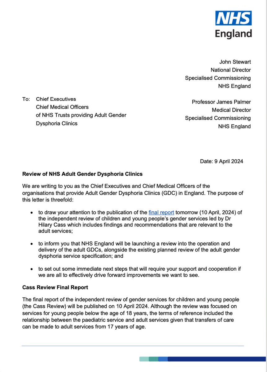 Three HUGE developments in the wake of the #CassReview 🟢 Health Secretary announces review of adult gender clinics 🟢 Also met with @NHSEngland chief to tell clinics to cooperate with research 🟢 Home Office minister to consider crackdown on private prescriptions for PBs 🧵