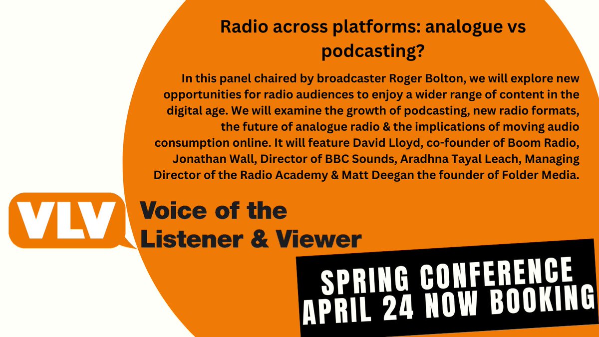 Love 📻 #radio? Join us for Radio Across Platforms chaired by @BeebRoger featuring @AradhnaTayal Managing Director @radioacademy, co-founder of @BoomRadioUK @DavidLloydRADIO @BBCSounds Director Jonathan Wall & @matt founder of @folder payments.vlv.org.uk/Event-Registra…
