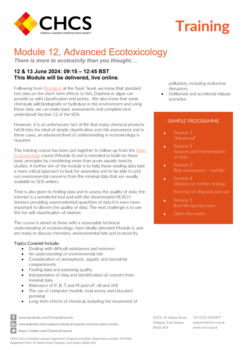 CHCS Training 'Advanced EcoToxicology - There is more to ecotoxicity than you thought….'

12 & 13 June 2024

To register, please visit: chcs.org.uk/event-5542595

#ecotoxicity #environment #biodegradation #SafetyDataSheet #chemicalhazards #chcs #ecotoxicology #sds #msds