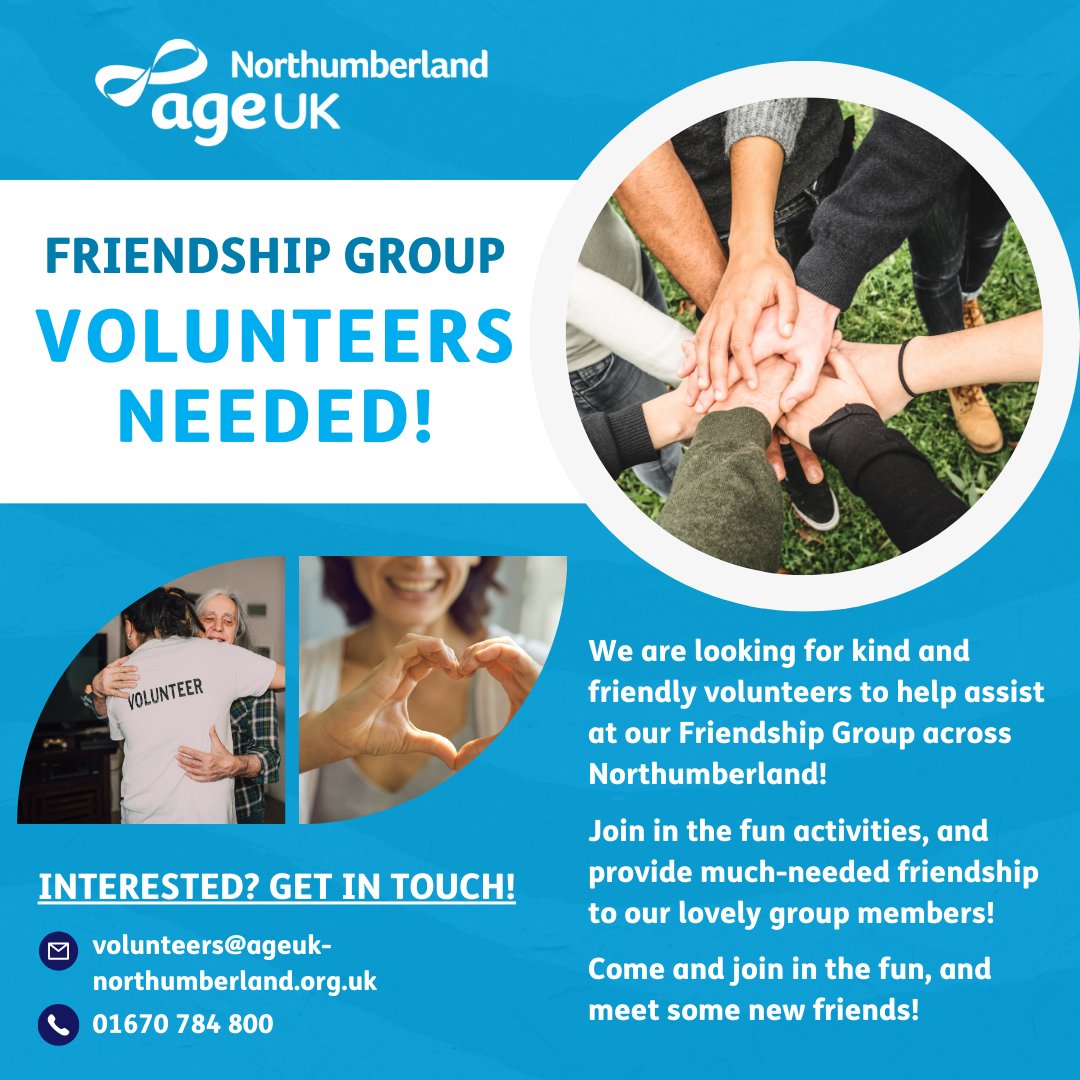 Can you help us? We are looking for some lovely volunteers to help out at our fabulous Friendship Groups in #Haltwhistle, #Ashington and #Ponteland! Meet some new friends, and provide much-needed friendship to our lovely group members 😊 Do get in touch if you are interested!