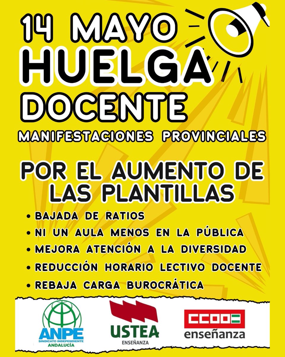 Desde @psoedeandalucia apoyamos la HUELGA DOCENTE EN ANDALUCÍA 📅14MAY 👉Aumento de plantillas docentes 👉Bajada de ratios 👉Mejorar la atención a la diversidad. 👉Reducir el horario lectivo 👉Menos carga burocrática 👉Ni una supresión mas en la Pública #Movilízate 💚