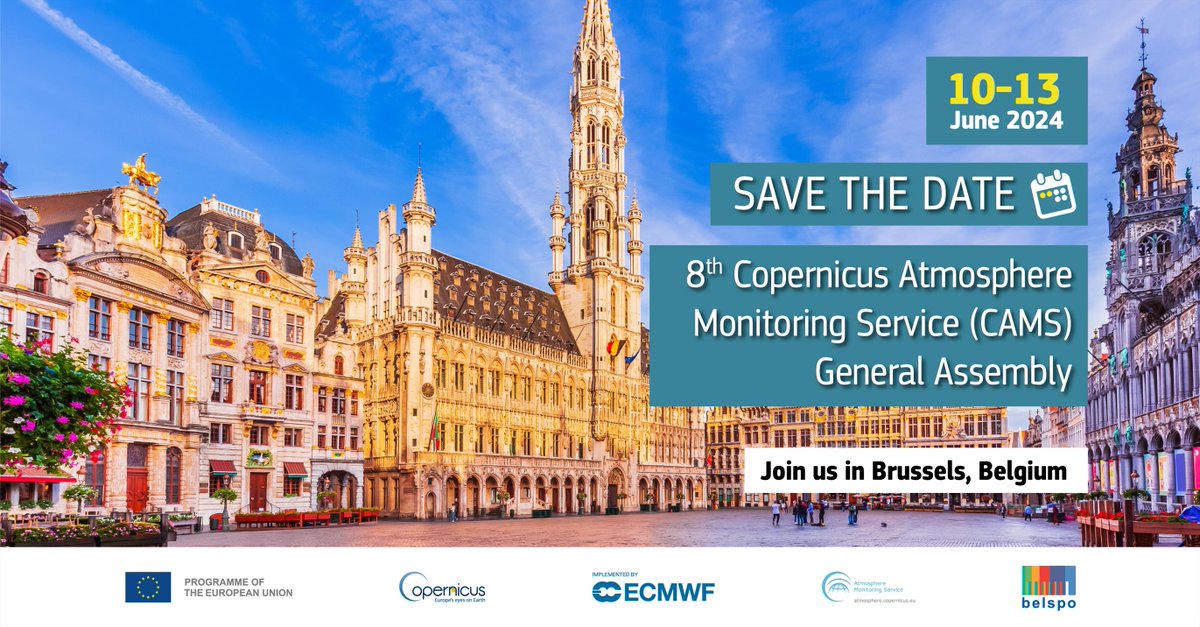 Our #CopernicusAtmosphere Monitoring Service is organising its 8th General Assembly It will be an opportunity to network, share knowledge, and discuss priority actions 🇪🇺🛰️ 🗓️10-13 June 📍Brussels 🇧🇪 & Online Registration👇 atmosphere.copernicus.eu/8th-cams-gener…