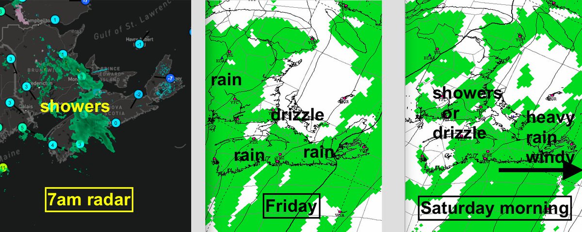 Showers over NB & W NS (incl HFX) early am will become spotty with sunny breaks developing today. Sun-cloud mix further east. Rain or drizzle & gusty south winds on Friday; band of heavy rain Friday night moves thru CB Sat am. 50-75mm NB Fundy & Atl shores; much less Gulf shore.