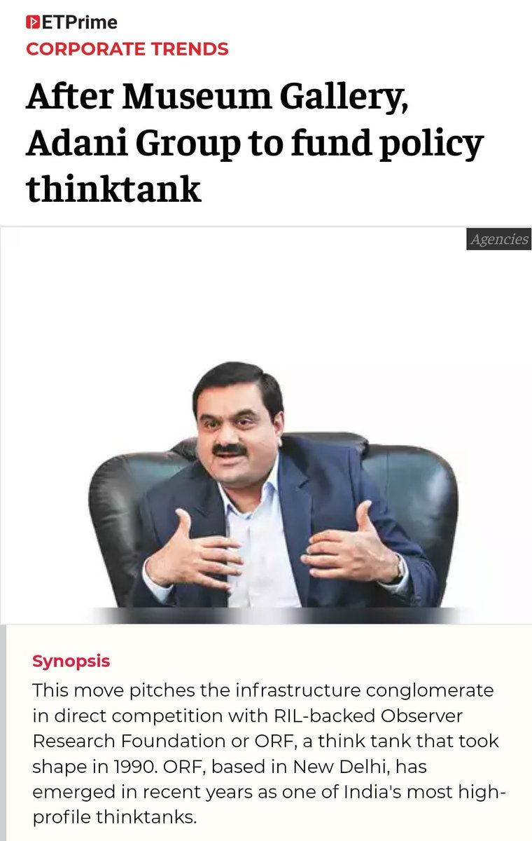 The chronology: Journalists sued for investigating Adani ➡️ Adani buys a media house Think tanks raided for antagonizing Adani ➡️ Adani to set up a policy think tank