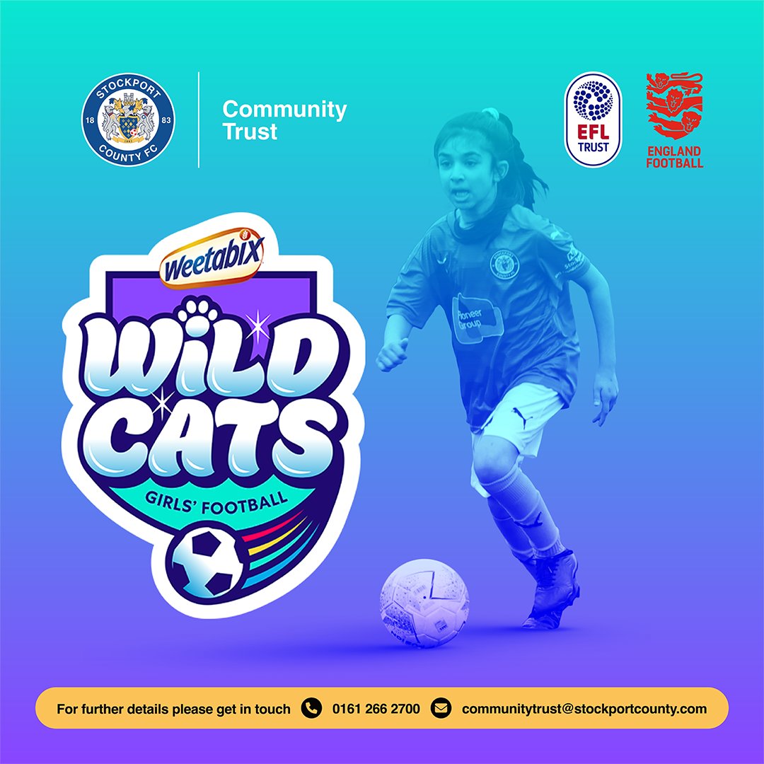 ⚽ NEW Stockport County Weetabix Wildcats sessions for girls aged 5-11 (£2) 🔹 Mondays @ Powerleague Stockport SK4 2AP (4-5pm, start 22 Apr) 🔹Tuesdays @ Stockport Sports Village SK6 1QX (4-5pm, start 23 Apr) Register: forms.office.com/pages/response…… @StockportCounty @Weetabix @EFL