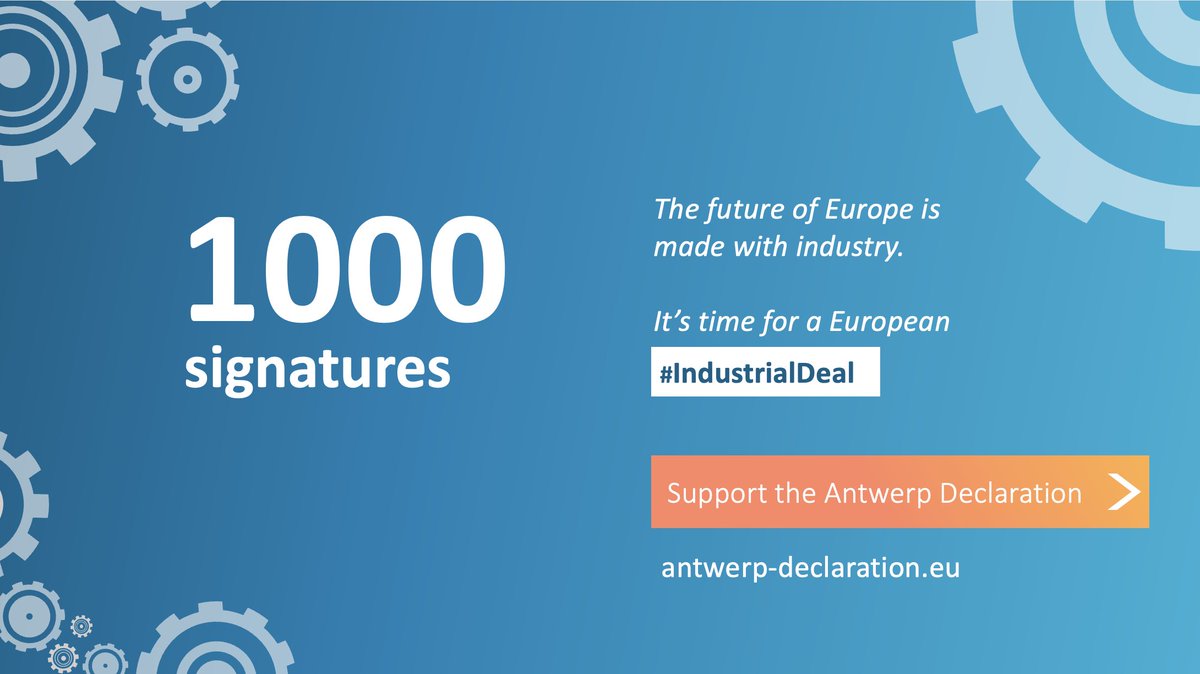 📣 The #AntwerpDeclaration has reached 1000 signatures!

This underlines our industry’s commitment to Europe’s transformation, making a call for a European #IndustrialDeal while complimenting the Green Deal and keeping high quality jobs in Europe

Join us!🖊️…