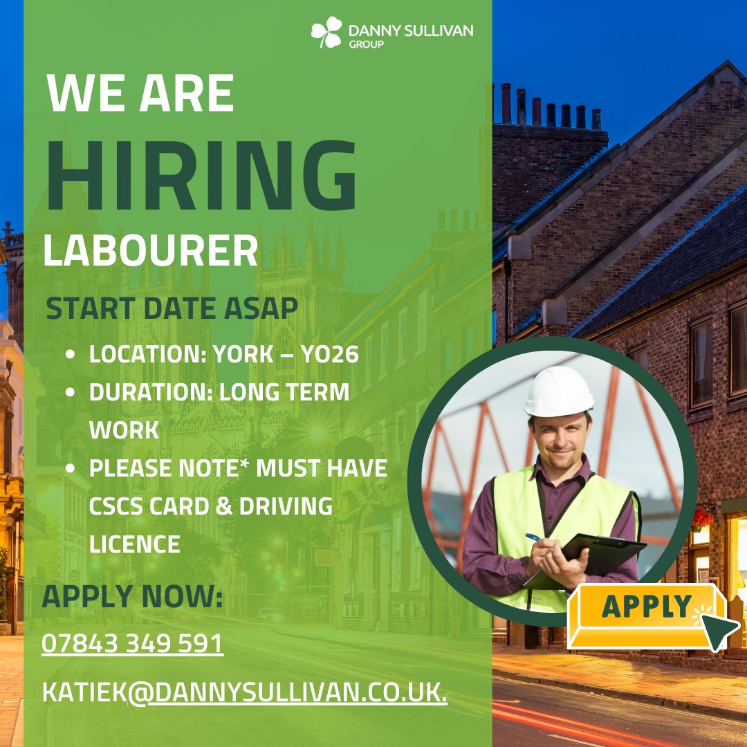 Looking for long-term work as a Labourer in York? We've got you covered! Must-haves: CSCS Card & Driving Licence. Contact our Recruiter, Katie Keary at 07843349591 or katiek@dannysullivan.co.uk to kickstart your next career move! #Labourer #YorkJobs #ConstructionOpportunity