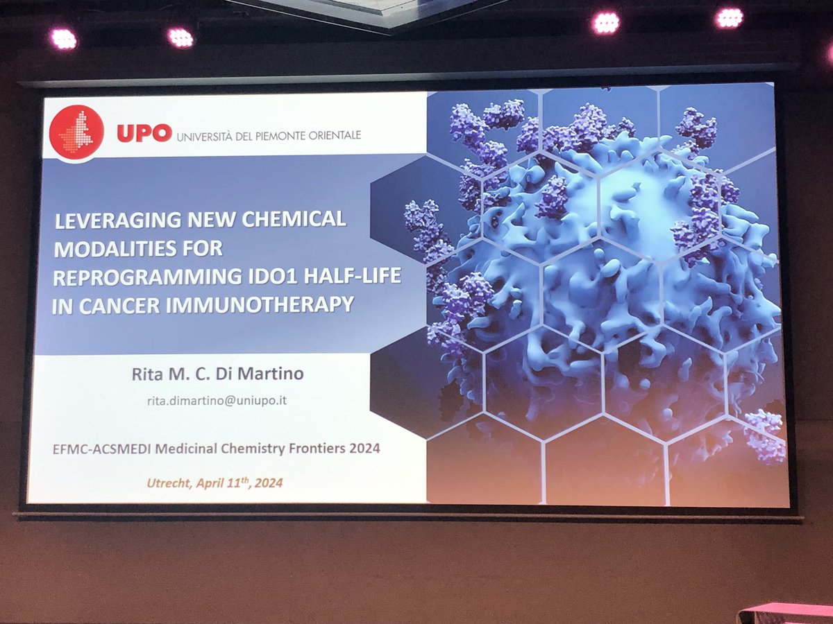 Last talk of the morning session at #MedChemFrontiers24 is given by Rita Di Martino (@RitaMariaConce2) on “Leveraging New Chemical Modalities for Reprogramming IDO1 Half-Life in Cancer Immunotherapy” @EuroMedChem @AcsMedi