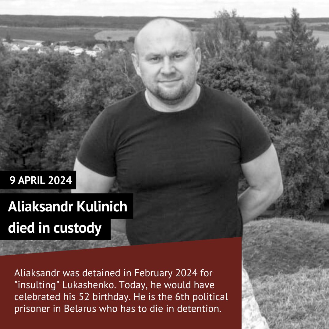🕯️Aliaksandr Kulinich became the 6th politically detained Belarusian to die in the regime's custody. He was detained on 29 February 2024 for 'insulting' Lukashenko. Today, on 11 April, Aliaksandr would have celebrated his 52 birthday.

#WeStandBYyou #freebelarus