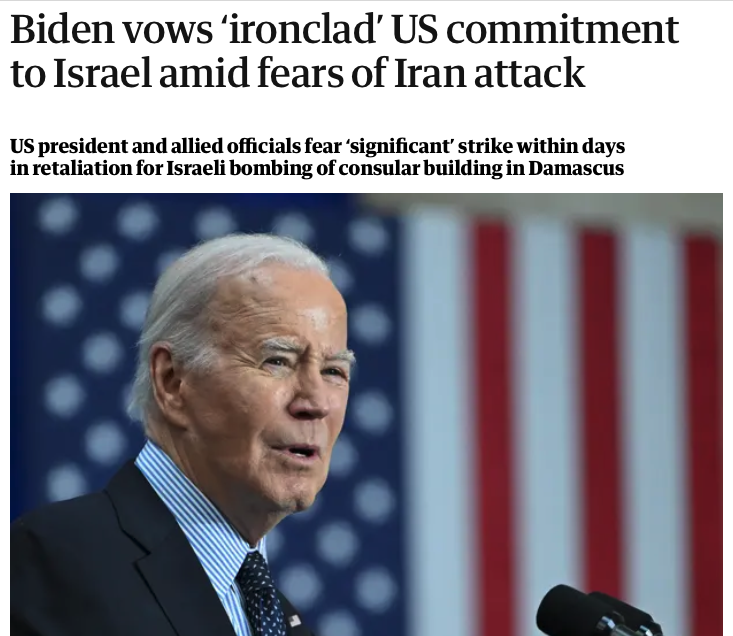 Jonathan_K_Cook's tweet photo. Let me get this straight. Biden gives Israel a blank cheque, which it uses not only to slaughter civilians in Gaza for six months, but to bomb the Iranian consulate in Damascus, a very grave violation of international law. 

US intelligence tells Biden this risks triggering a catastrophic regional war, so Biden publicly vows to protect Israel at all costs, whatever it continues to do to inflame the crisis further.

Does it not look like a depraved sociopath occupies the White House, one prepared to play a game of chicken with others' – maybe even our – lives? Because that's sure how it looks to me.