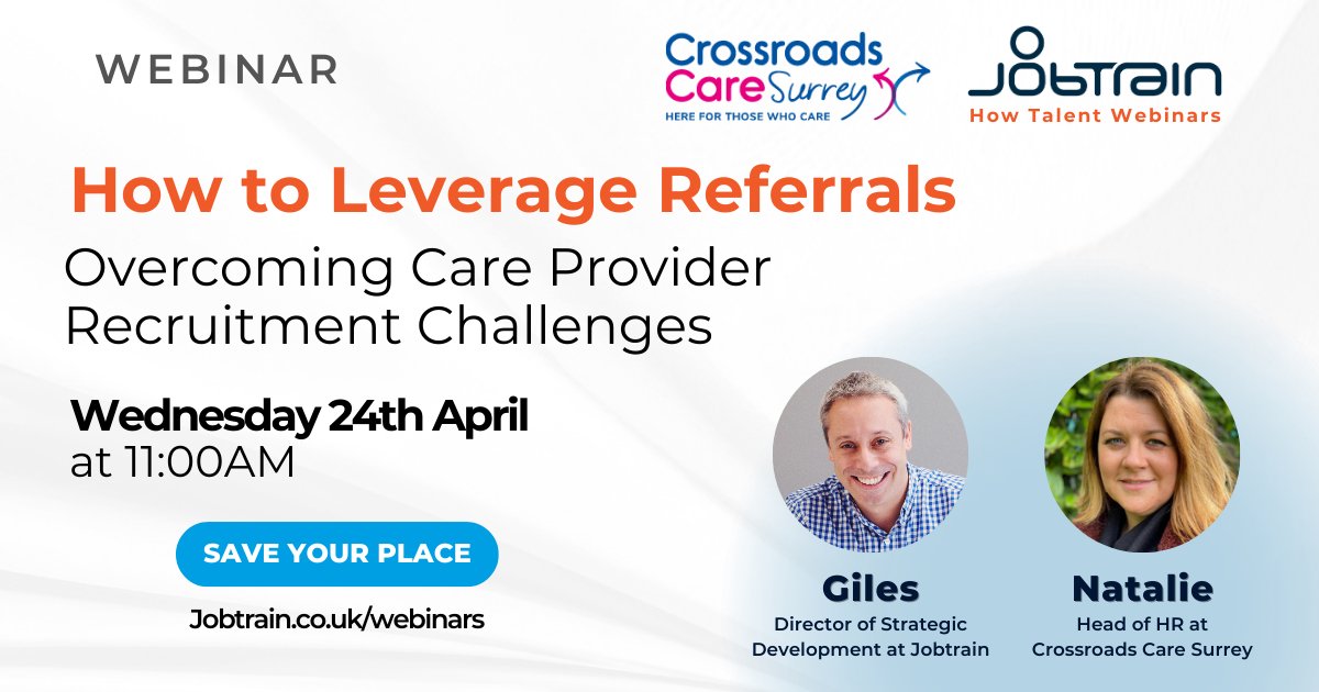 🎉#WEBINAR🎉

We're excited to announce we're partnering with Natalie Page at @Crossroadsurrey on our latest webinar - how to leverage referrals to overcome #careprovider #recruitment challenges!

WHEN?
Wednesday 24th April - 11am

WHERE?
Right here👉 hubs.ly/Q02sw_Nj0