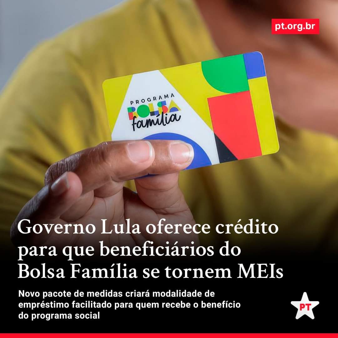 Governo Lula oferece crédito para que beneficiários do Bolsa Família se tornem MEIs 🌟🚩 A expectativa do Governo Lula é alcançar 44% dos beneficiários do Bolsa Família que recebem acima de R$ 800 e empreendem em algum negócio. #LulaFaz bit.ly/BolsaF-MEIs