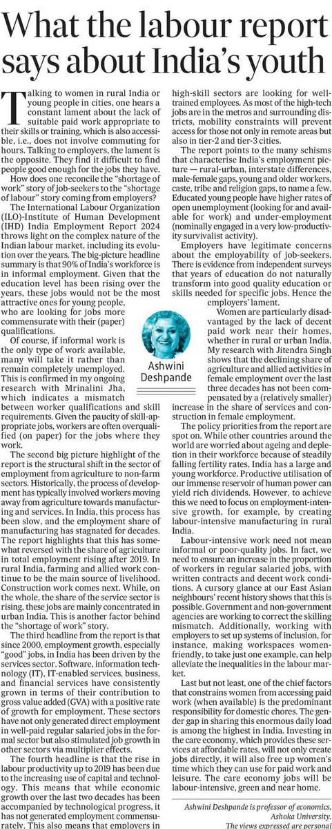 My piece in @htTweets on the main takeaways from the @ilo-@TweetIHD India Employment Report 2024. References to work with @jitendra_econ and @MrinaliniJha22