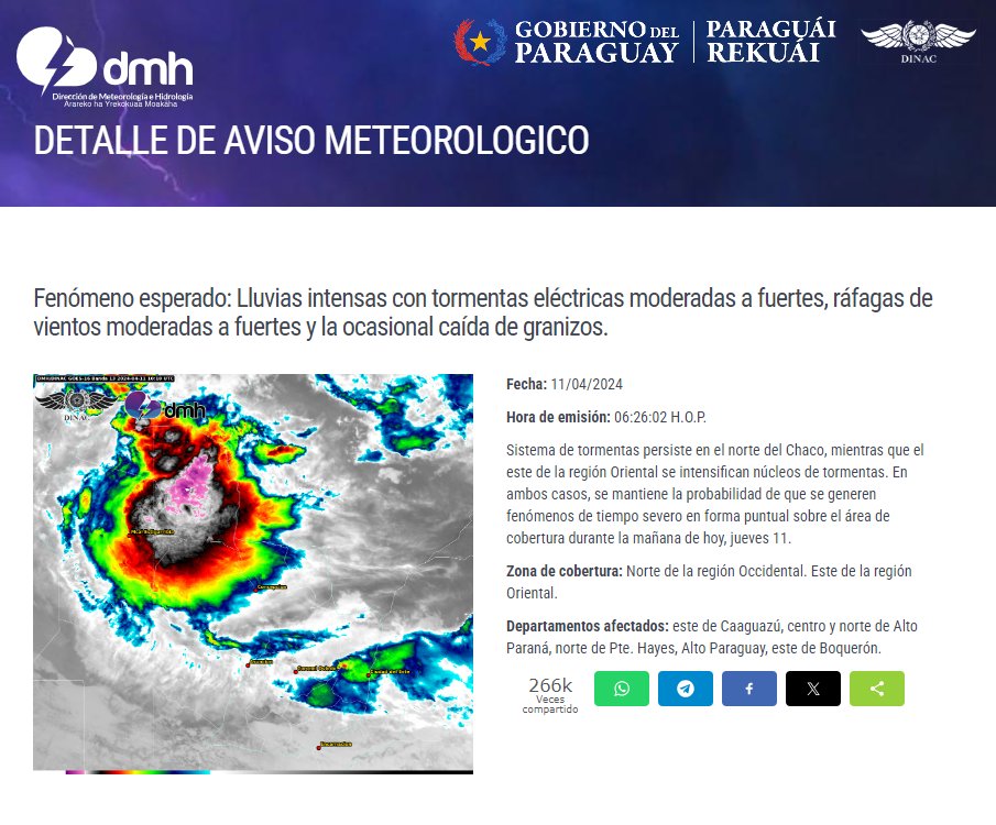 Aviso Meteorológico N° 550/2024 Emitido.
Enlace: meteorologia.gov.py/avisos/
Fecha: 11/04/2024
Hora: 06:26 h.
